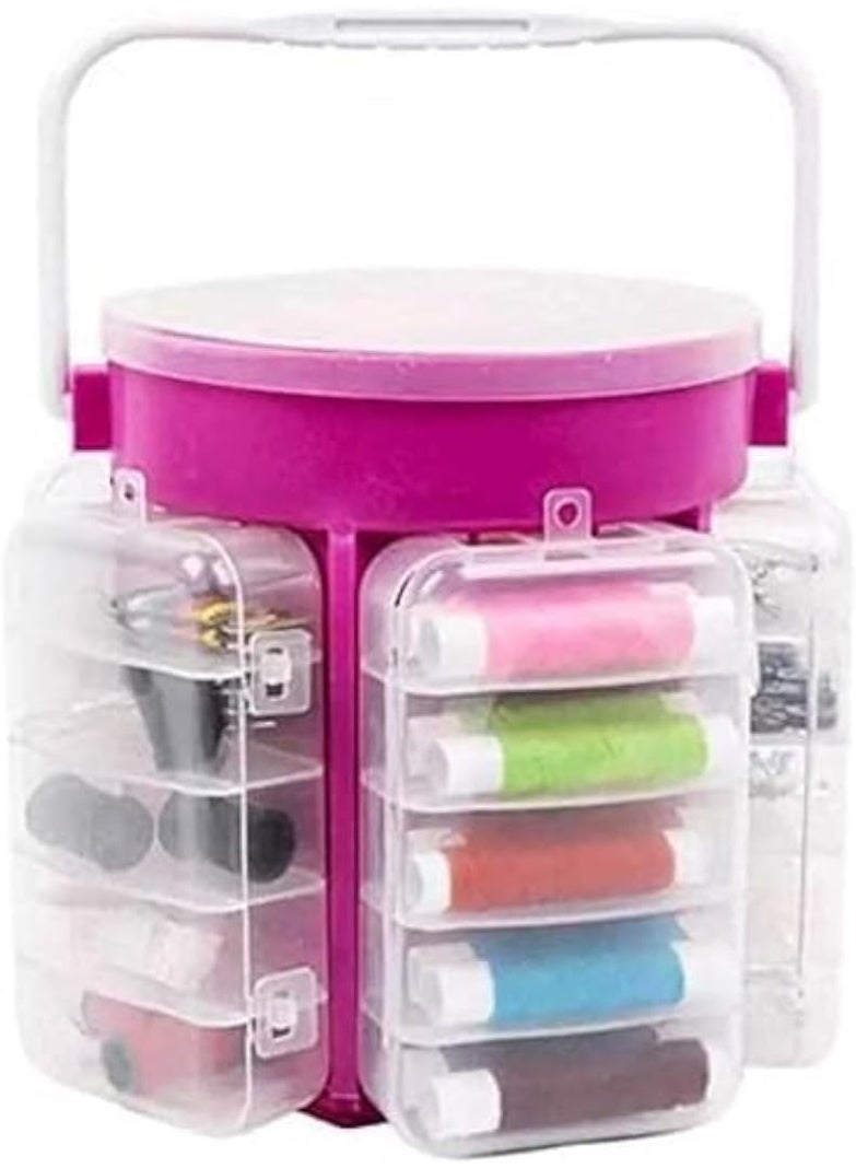 طقم خياطة من ٢١٠ قطعة مع صندوق تنظيم - مجموعة أدوات خياطة بلاستيكية كاملة للمنزل والسفر - فوشيا وشفاف - Image 5